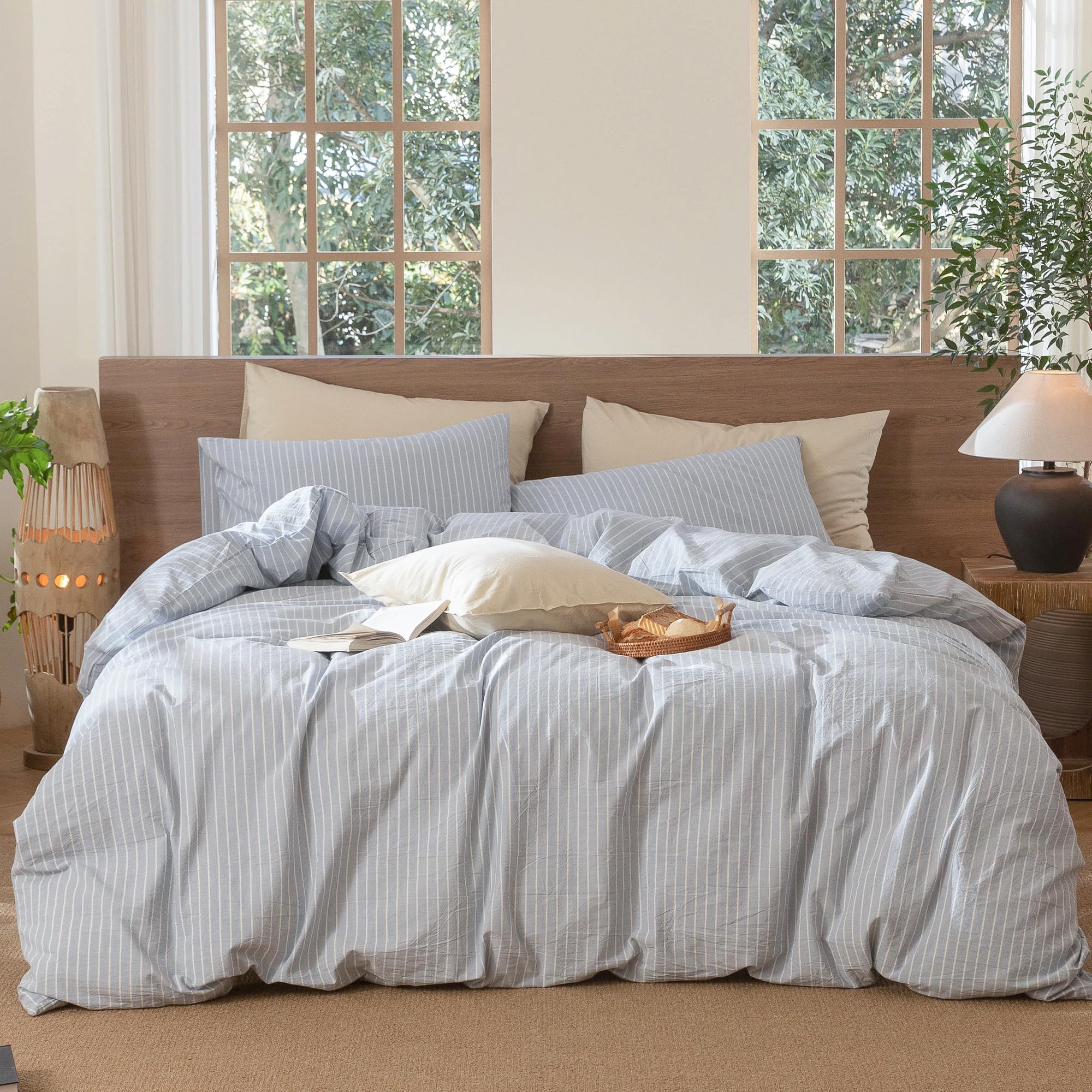 Moomee Striped Duvet Cover Set 100% Washed Cotton Linen Like Textured Breathable Durable Soft Comfy (Cornflower Blue White Wide